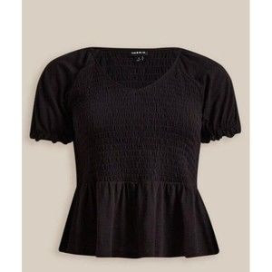 NWT Torrid 2XL 18-20 Cotton Modal Black Slub Smocked Short Sleeve Babydoll Shirt